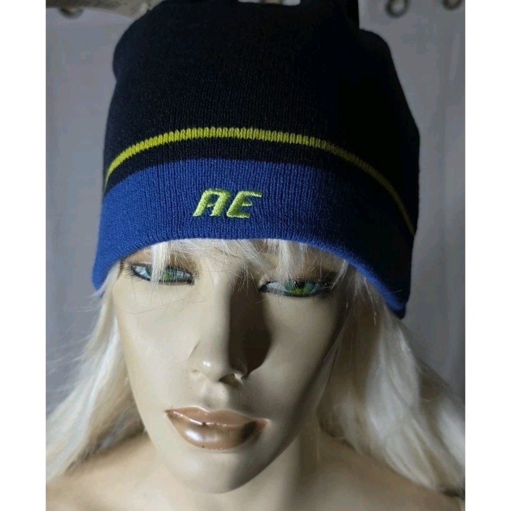Vintage American Eagle Beanie Hat Skull Cap Toboggan Reversible Blue Y2K 90s